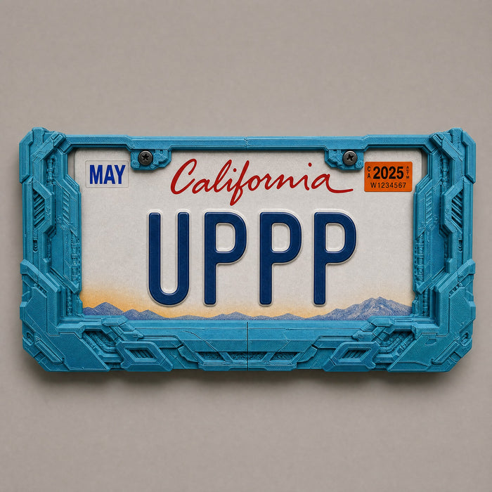 Cyberpunk license plate frame in petrol teal holding a California plate