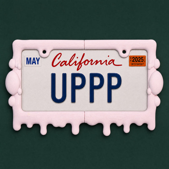 Bubblegum pink slime license plate frame holding a California UPPP plate