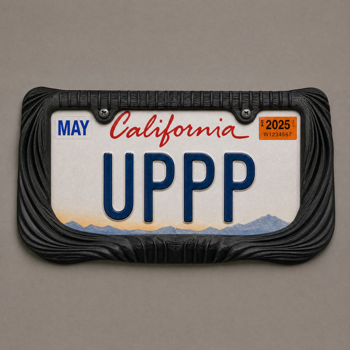 Black draped license plate frame holding a California UPPP plate on a grey background