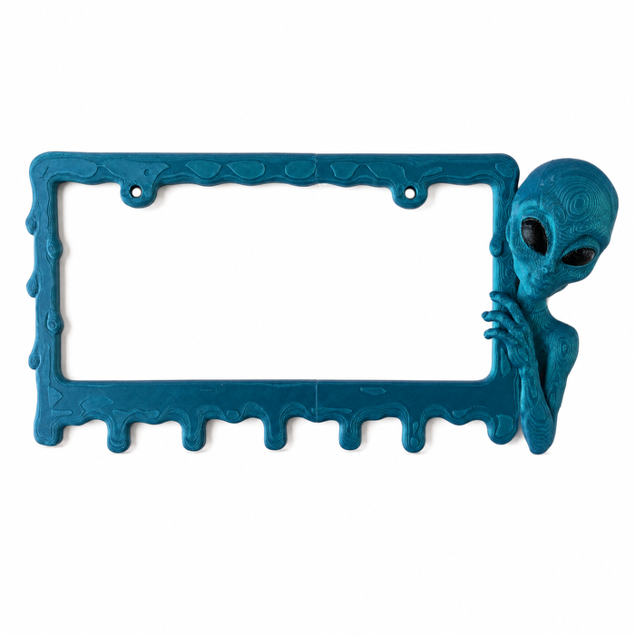 Alien Slime license plate frame in Deep Signal on pure white studio background