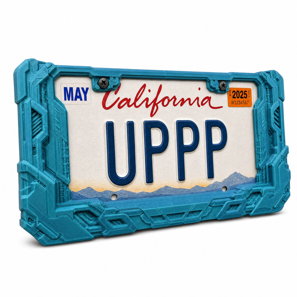Petrol teal cyberpunk license plate frame with a California plate on a white background