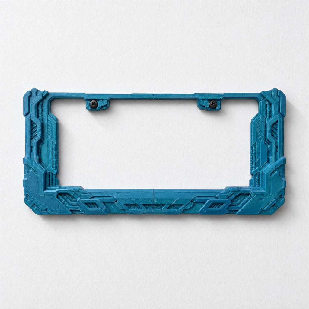 Empty cyberpunk license plate frame in petrol teal on a pure white studio background