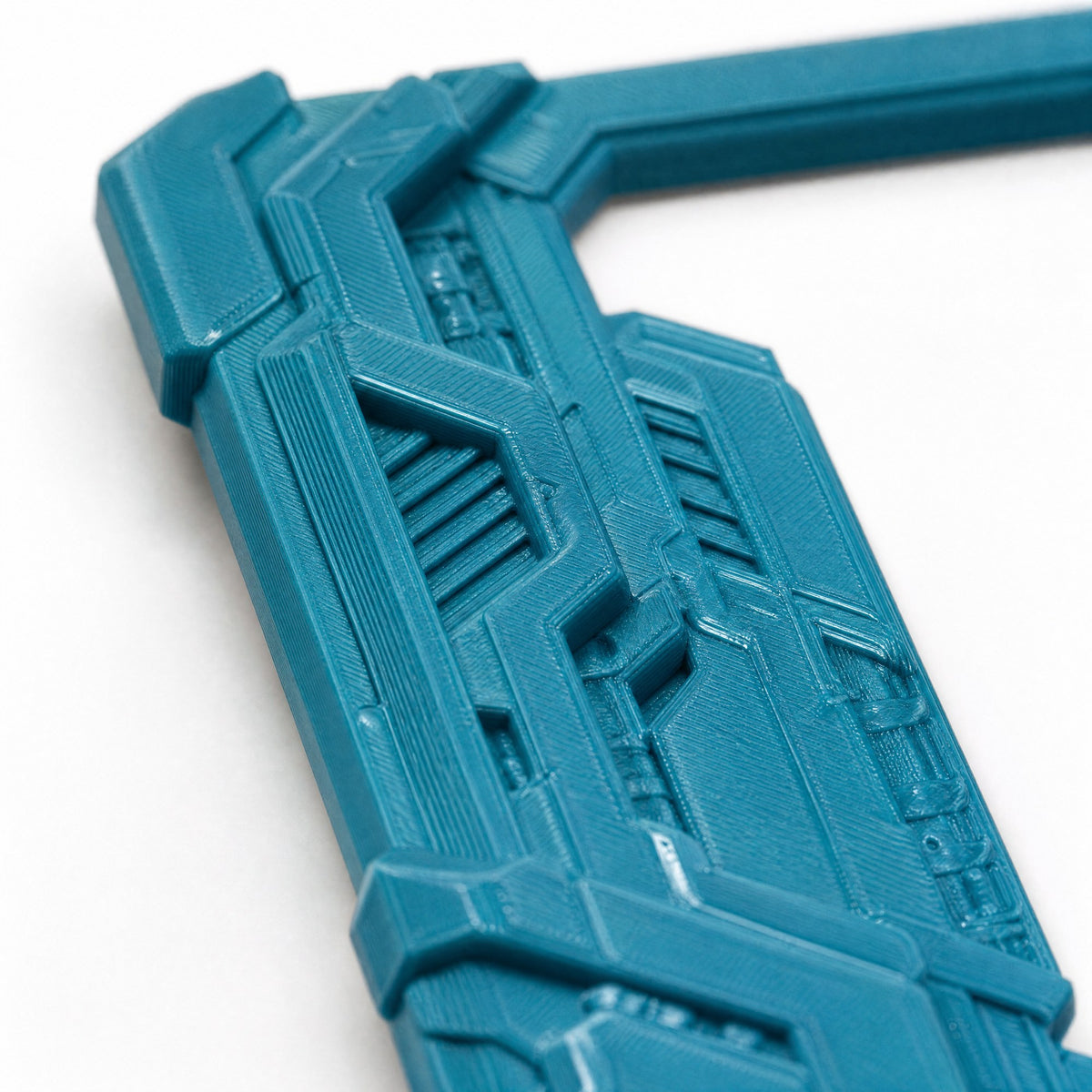Close-up of the sculpted hard-surface panels and cut vents on the cyberpunk frame