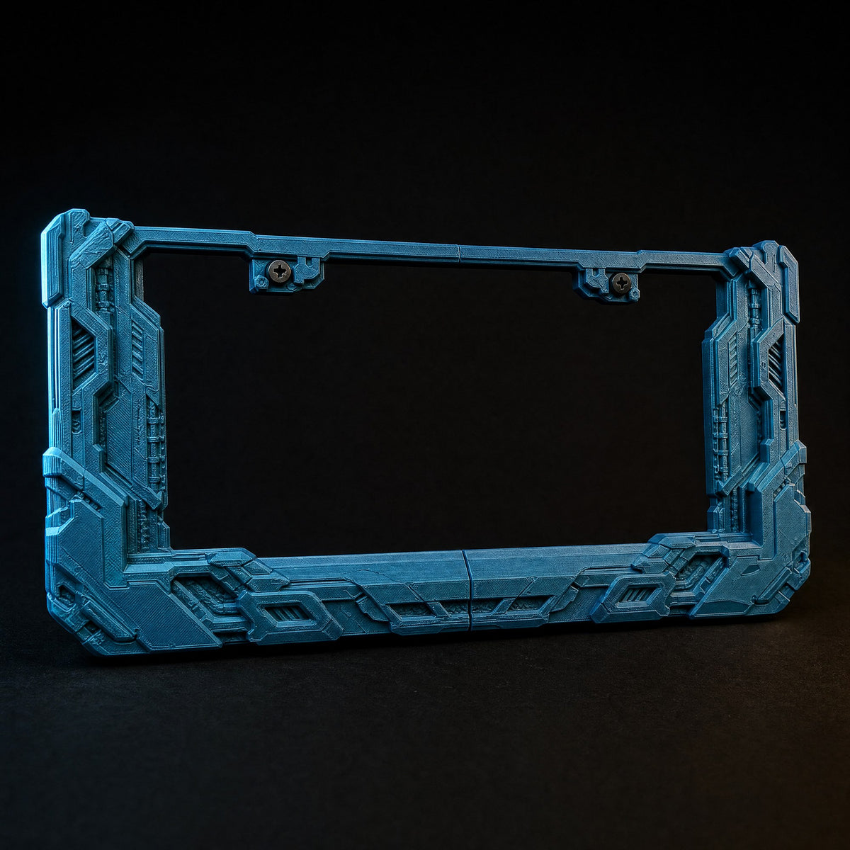 Cyberpunk license plate frame in petrol teal on a black background with rim lighting