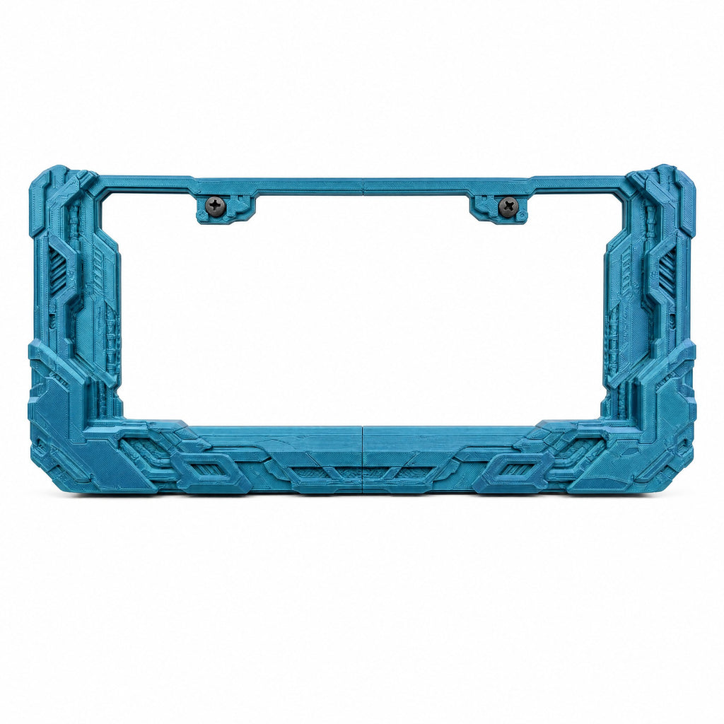 Front view of the petrol teal cyberpunk frame showing the plate opening