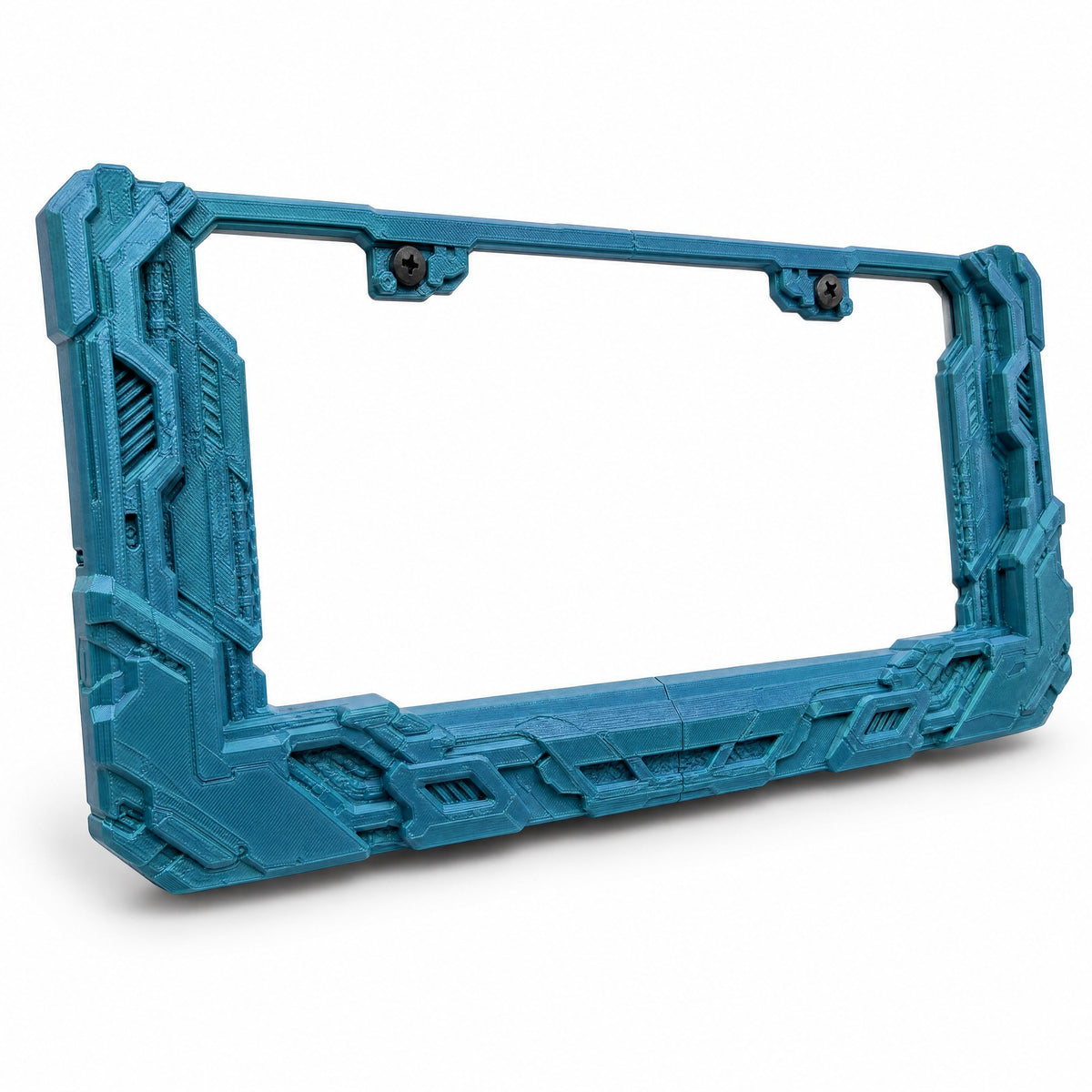 Cyberpunk license plate frame in petrol teal, three-quarter angled view