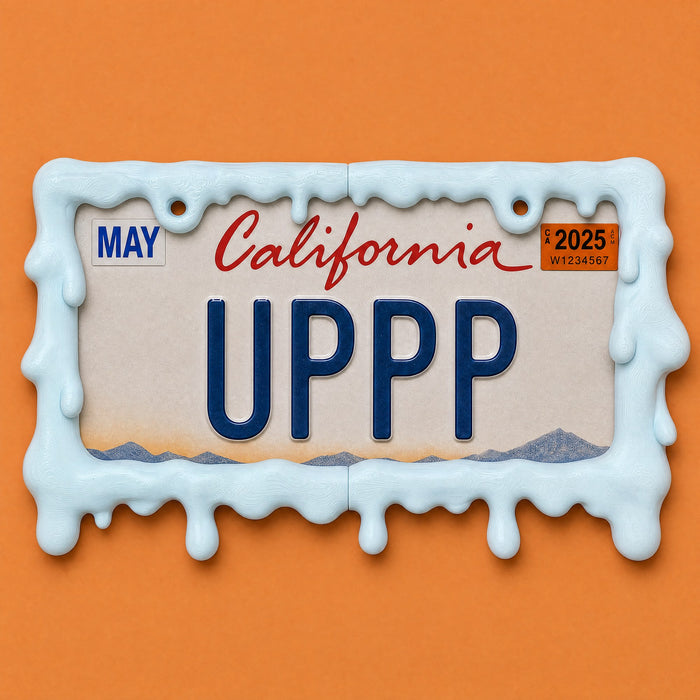 Baby blue slime drip license plate frame holding a California UPPP plate on an orange background
