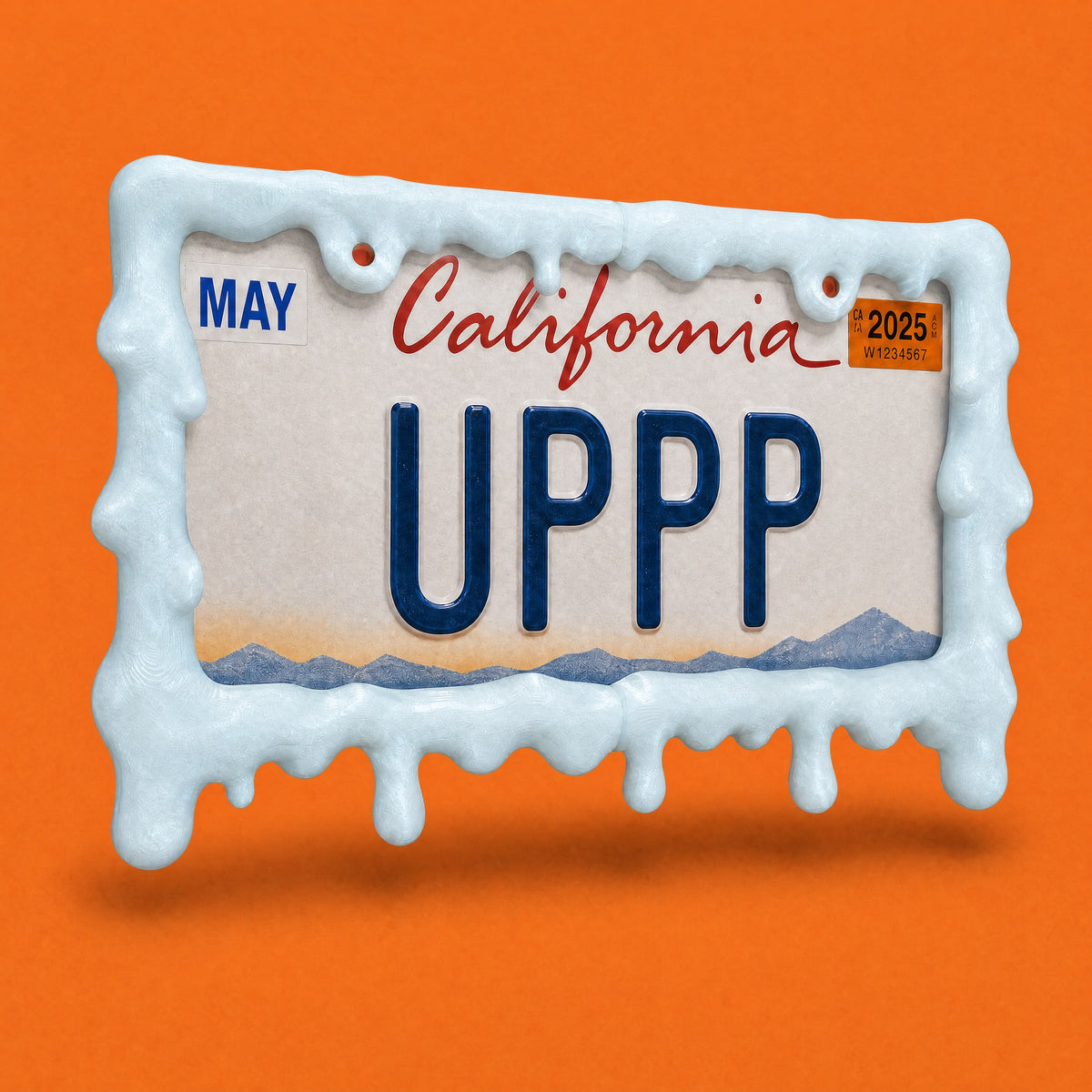 Baby blue slime license plate frame with a California plate, three-quarter angled view