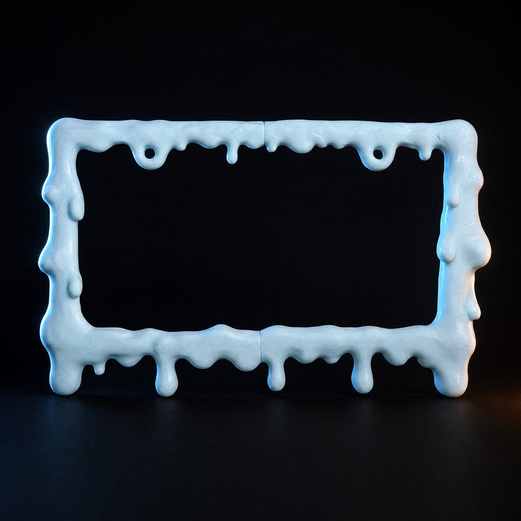 Baby blue slime license plate frame lit against a black background