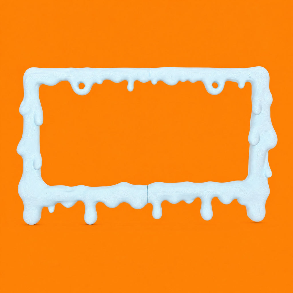 Empty baby blue slime frame straight on against a bright orange background