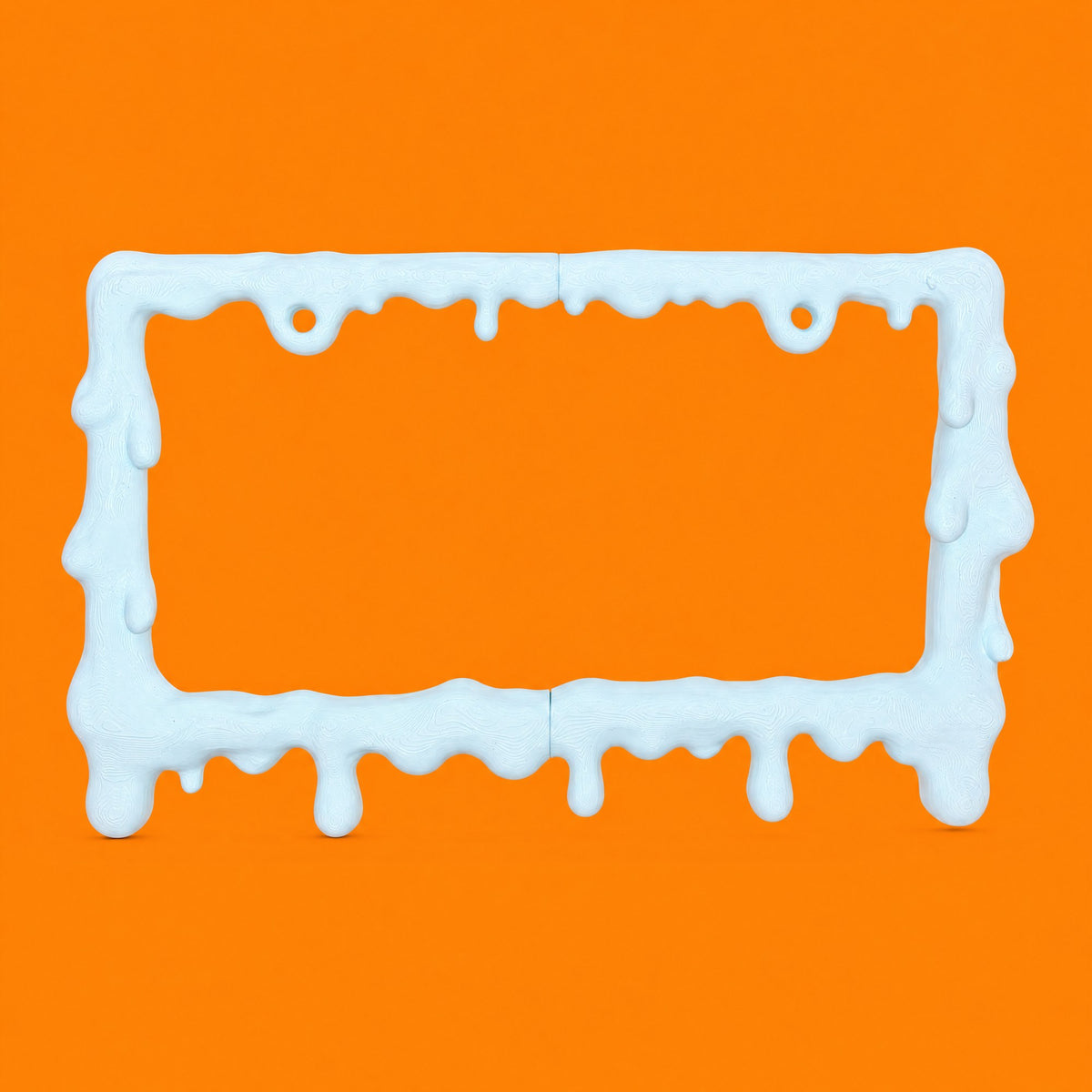 Empty baby blue slime frame straight on against a bright orange background