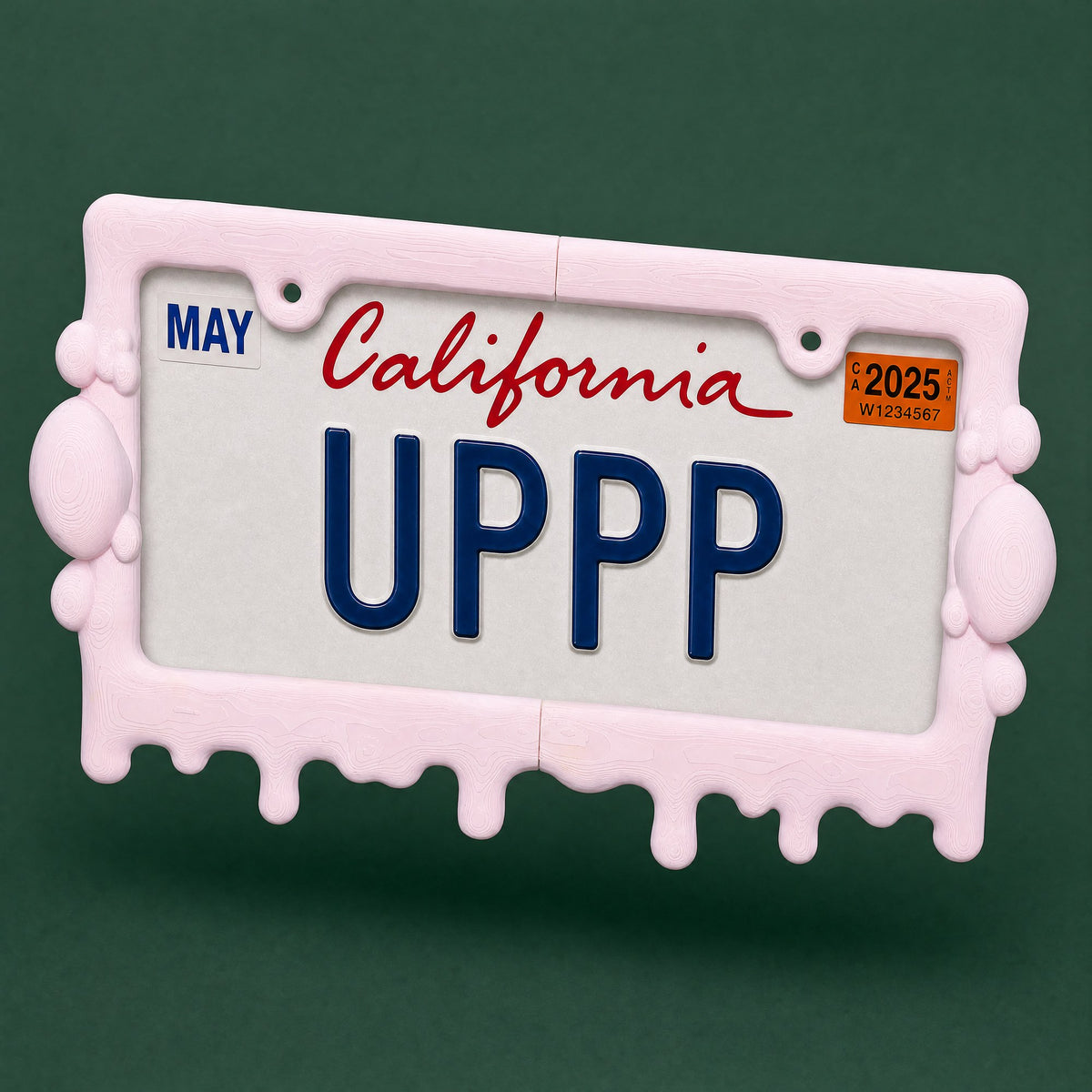 Bubblegum pink drip frame with a California plate on a dark green background