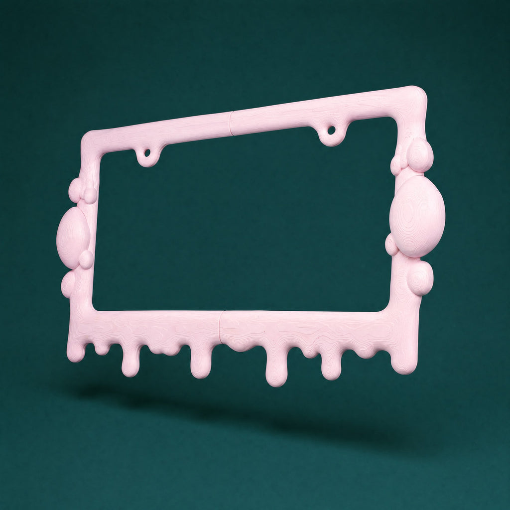 Bubblegum pink slime license plate frame at a three-quarter angle
