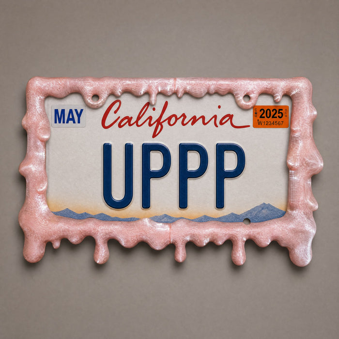 Crystal pink glitter slime frame holding a California UPPP plate on a grey background