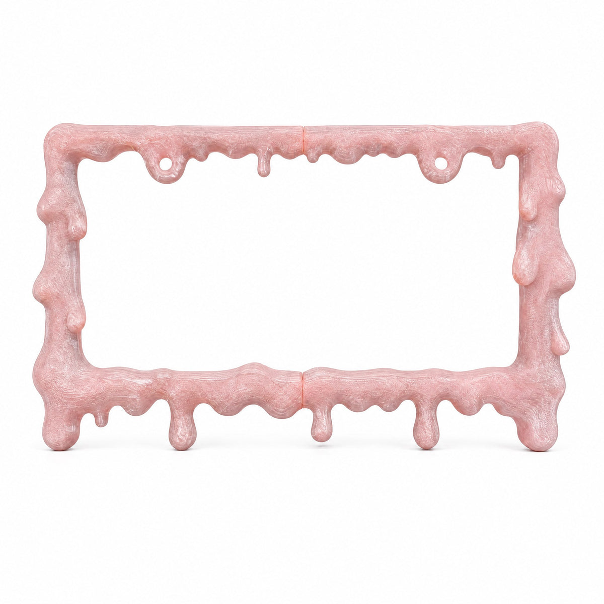 Empty crystal pink drip frame straight on against a white background