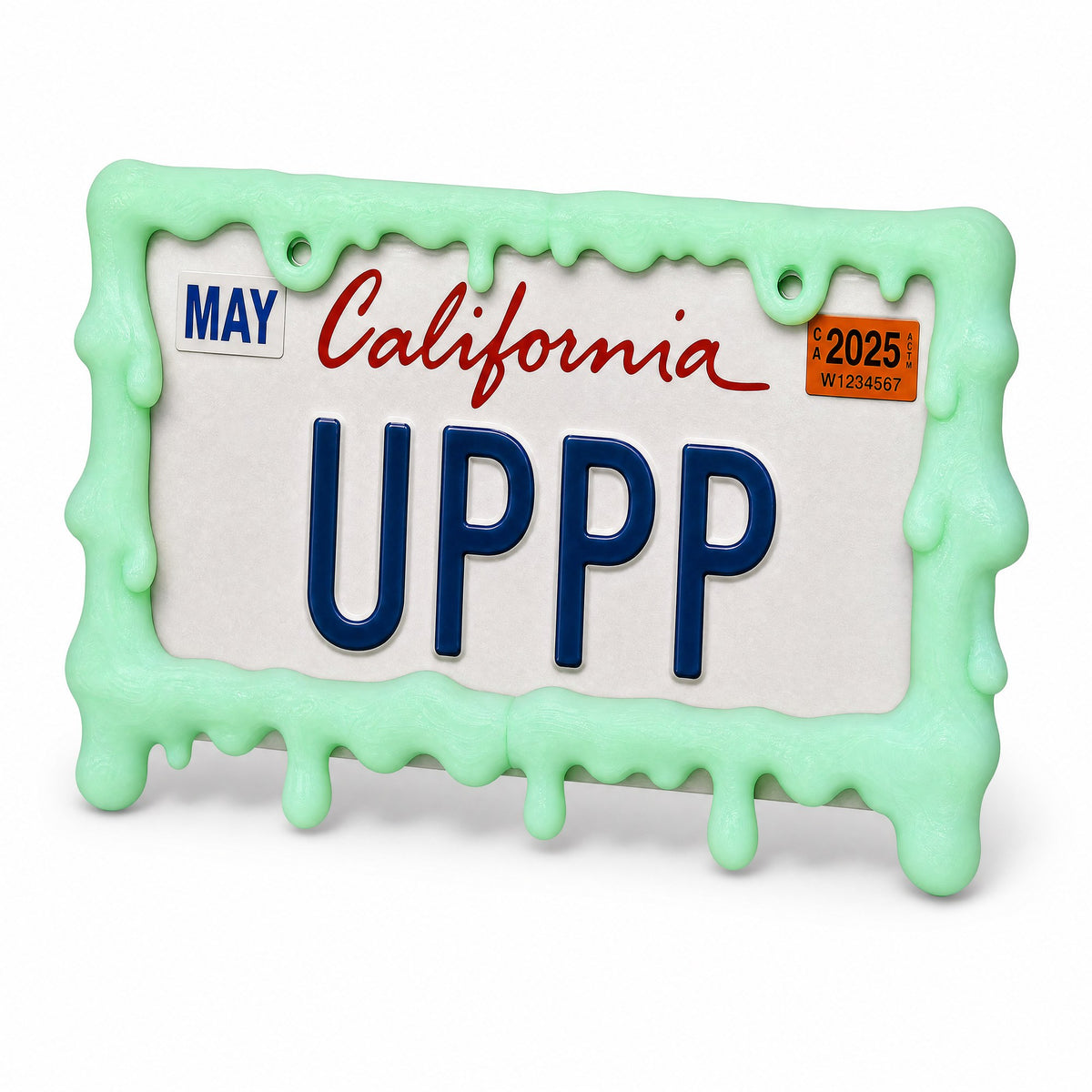Glow green drip frame holding a California UPPP plate on a grey background