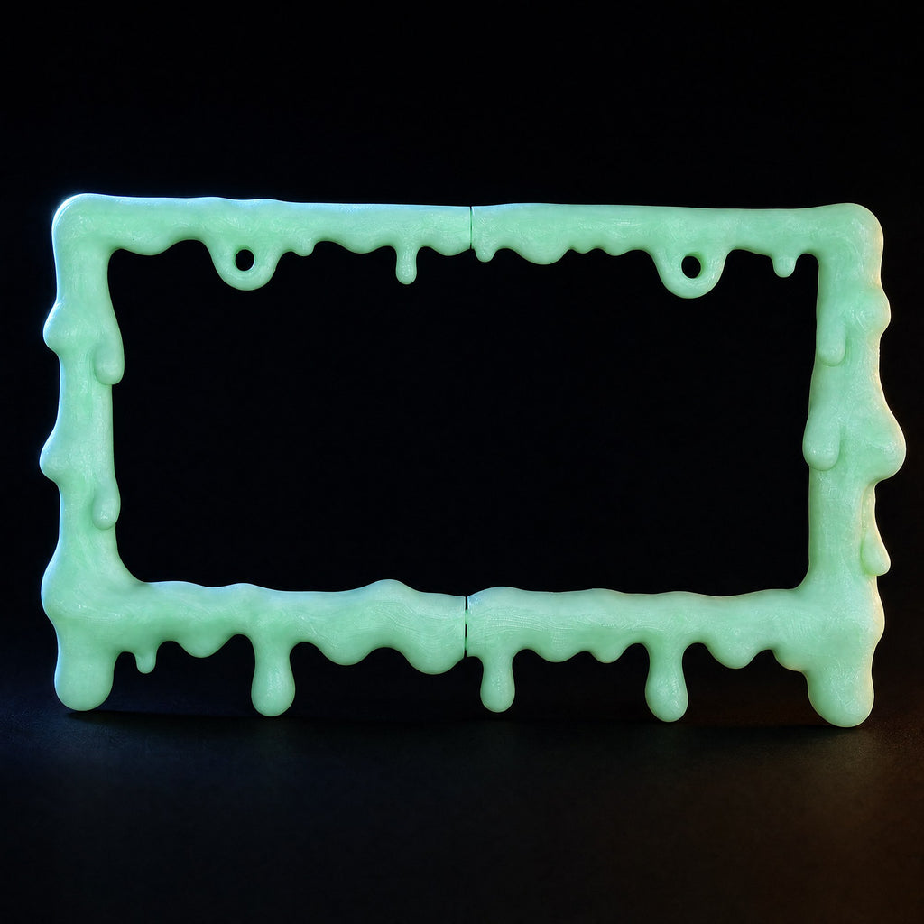 Close-up of the drips and surface texture on the glow green frame