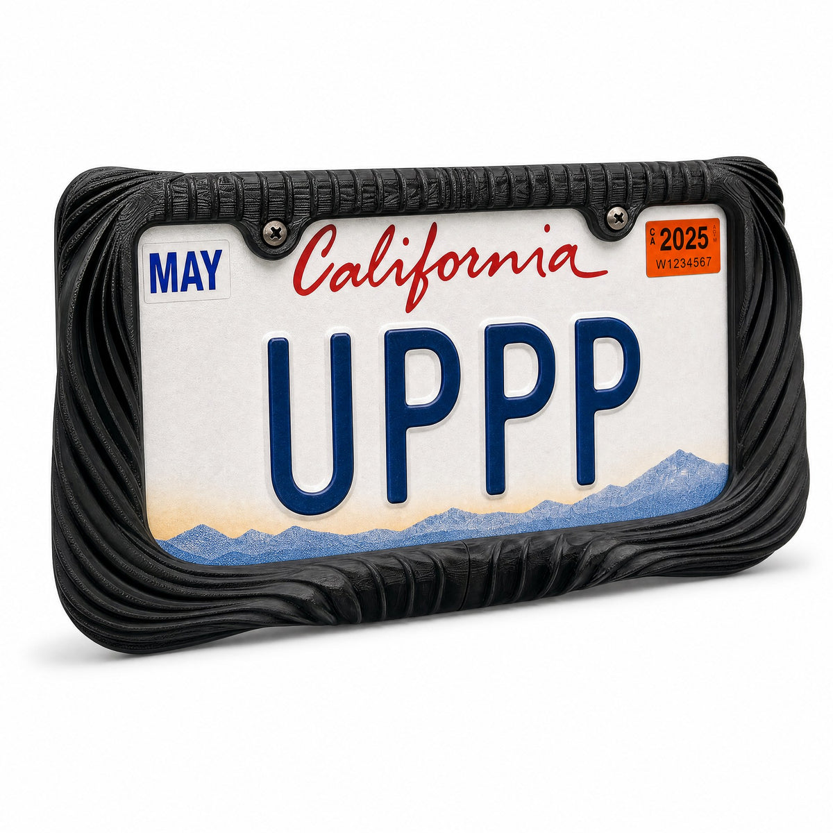 Black Utopia license plate frame with a California plate, three-quarter angled view