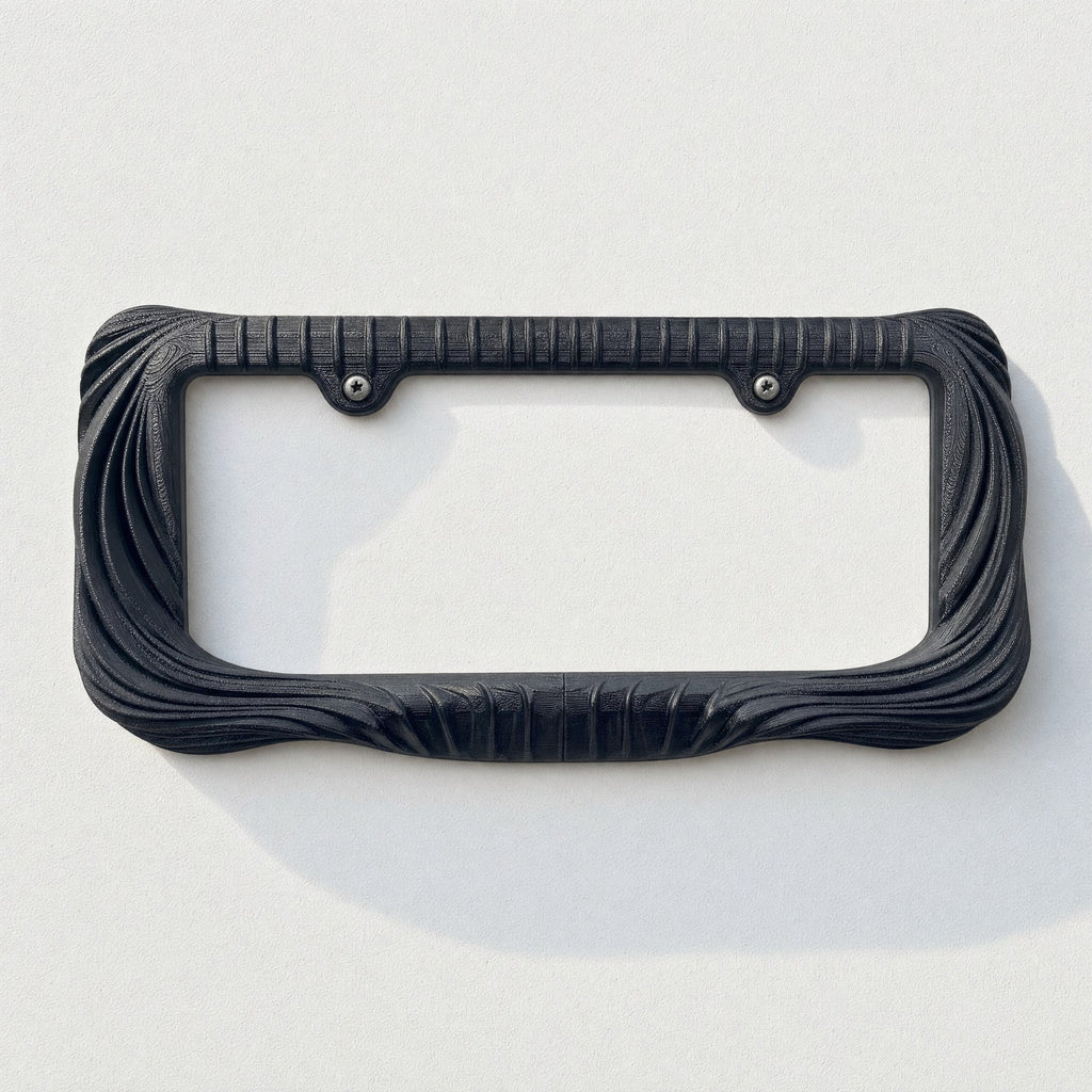 Empty black draped license plate frame on a pale grey background