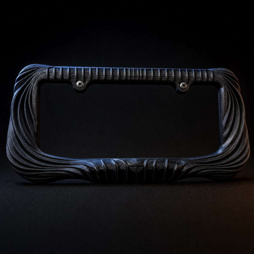 Black Utopia license plate frame lit against a dark background
