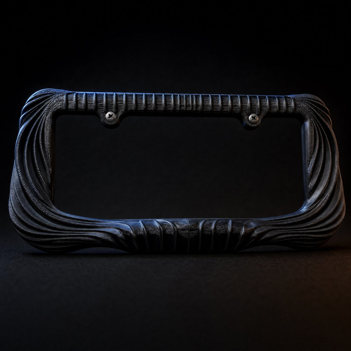 Black Utopia license plate frame lit against a dark background