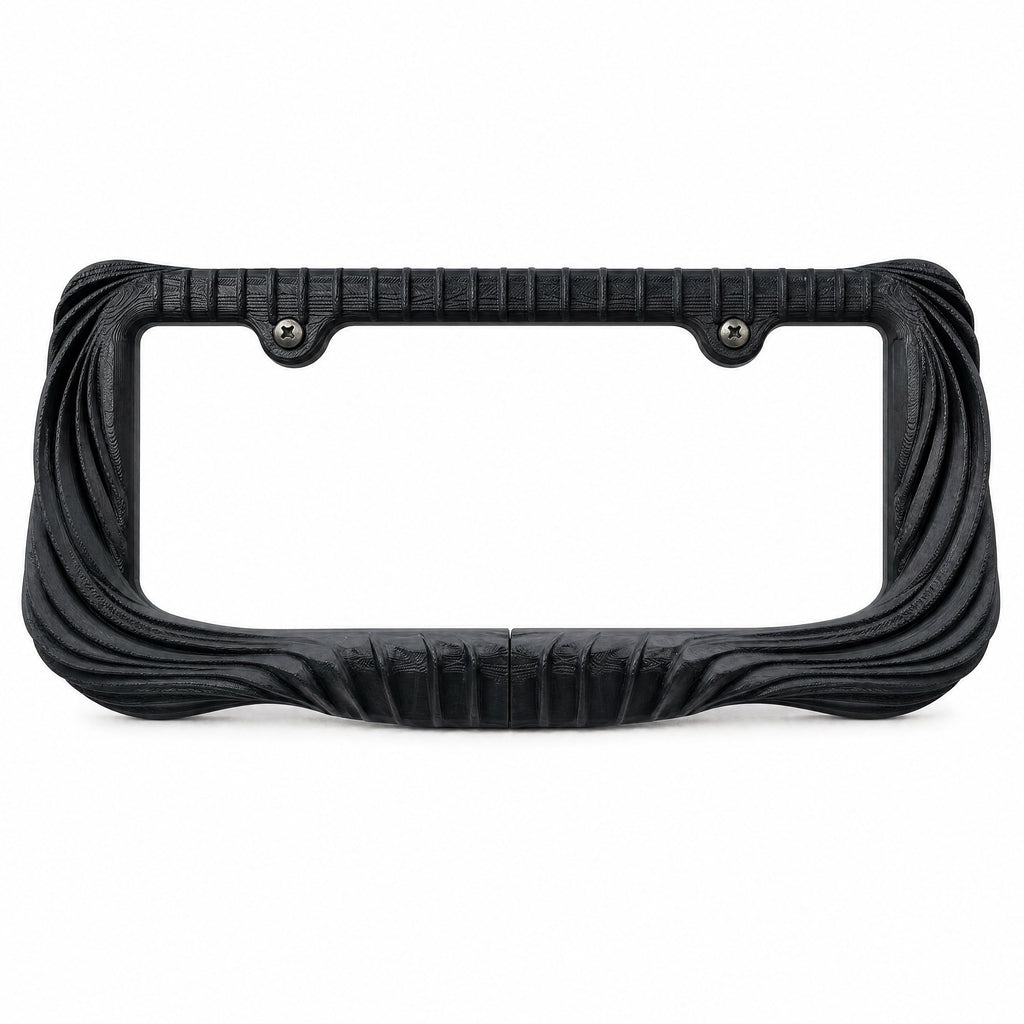 Empty black draped license plate frame on a white background