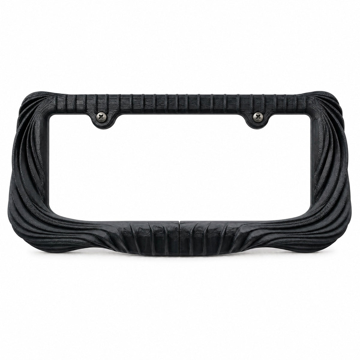 Empty black draped license plate frame on a white background