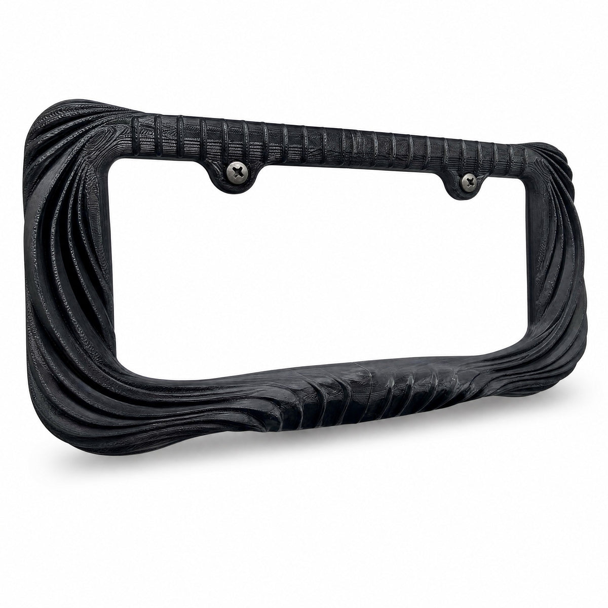 Black Utopia license plate frame at a three-quarter angle above its shadow
