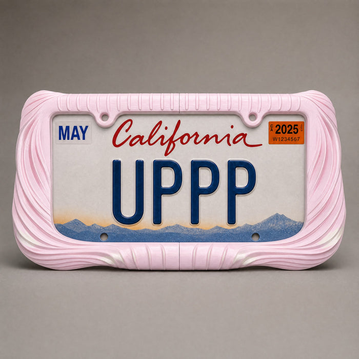 Blush pink draped license plate frame holding a California UPPP plate on a grey background