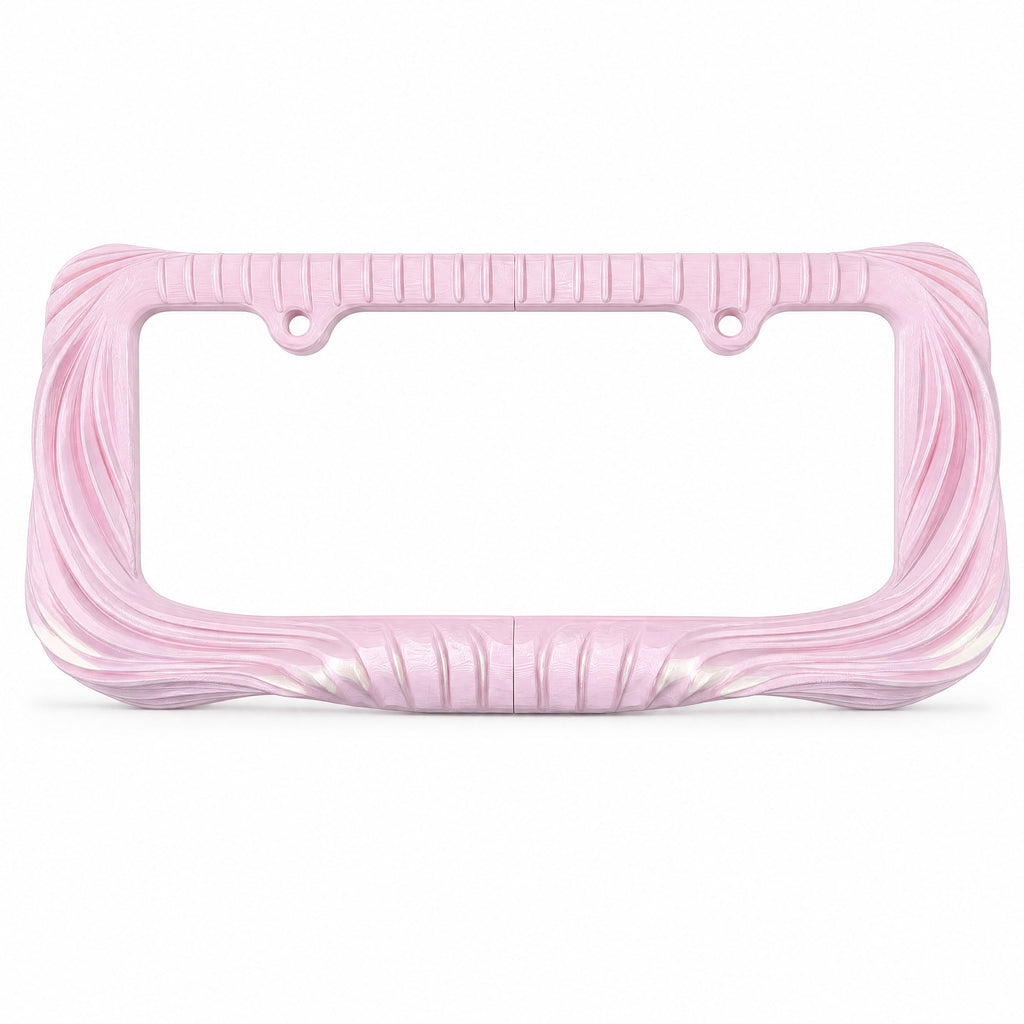 Empty blush pink draped license plate frame on a white background