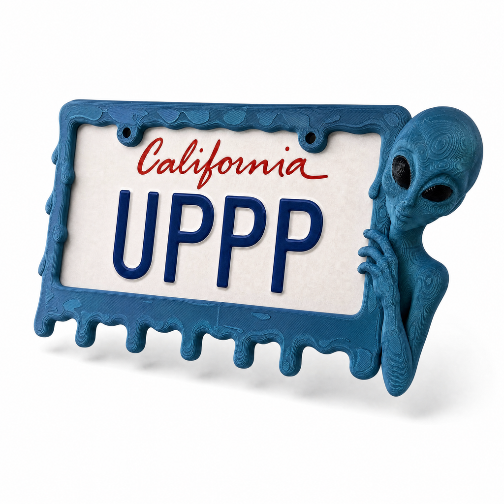 Deep Signal alien frame holding a California licence plate