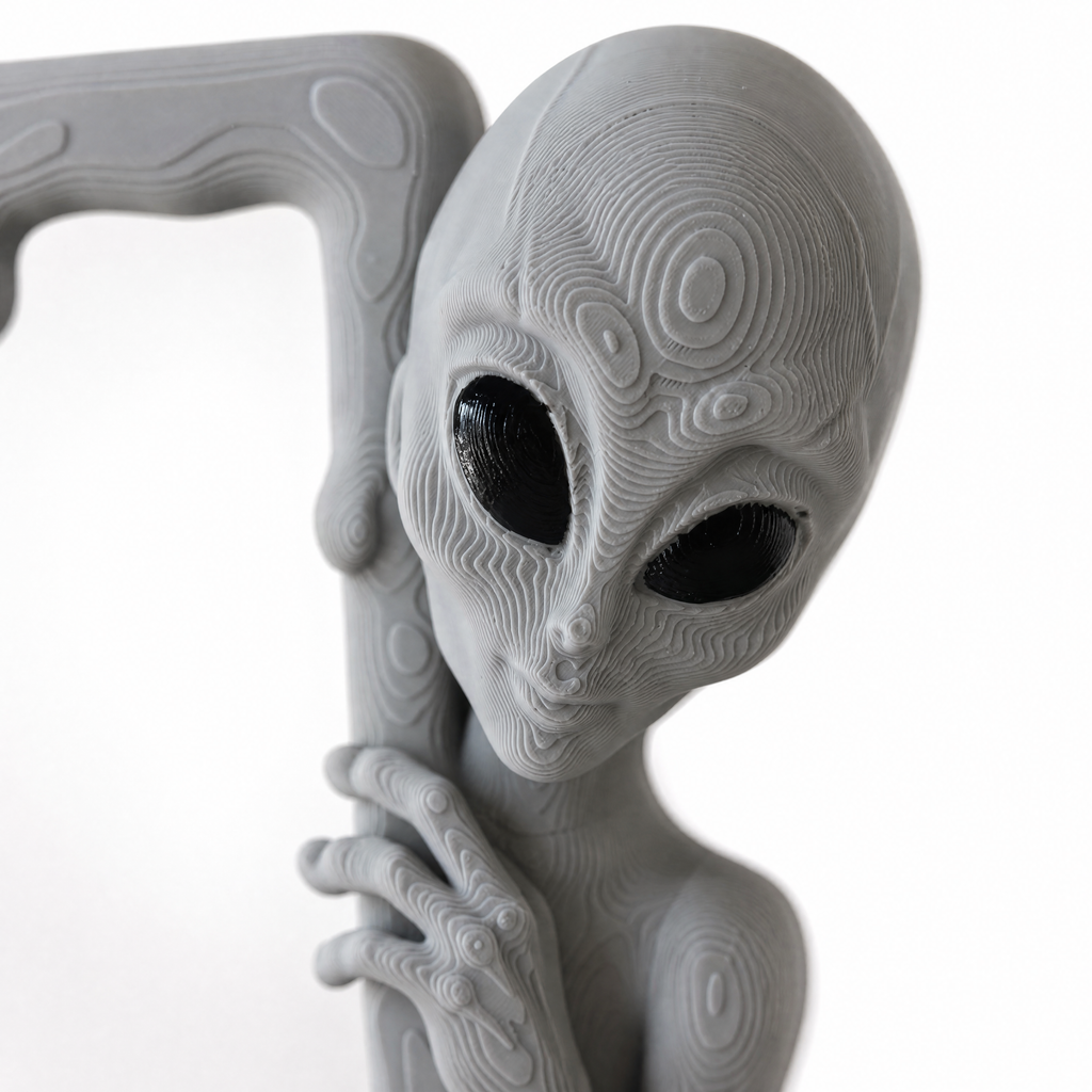 Close-up of the sculpted alien head in Graphite with hand-painted black eyes