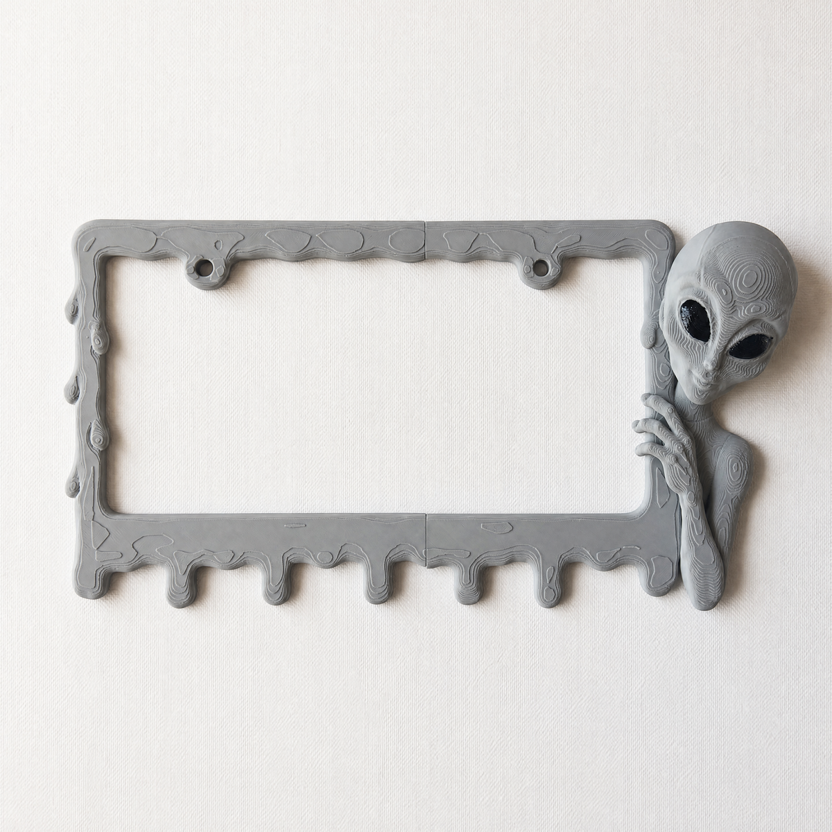 Graphite alien frame photographed from above on a clean white surface