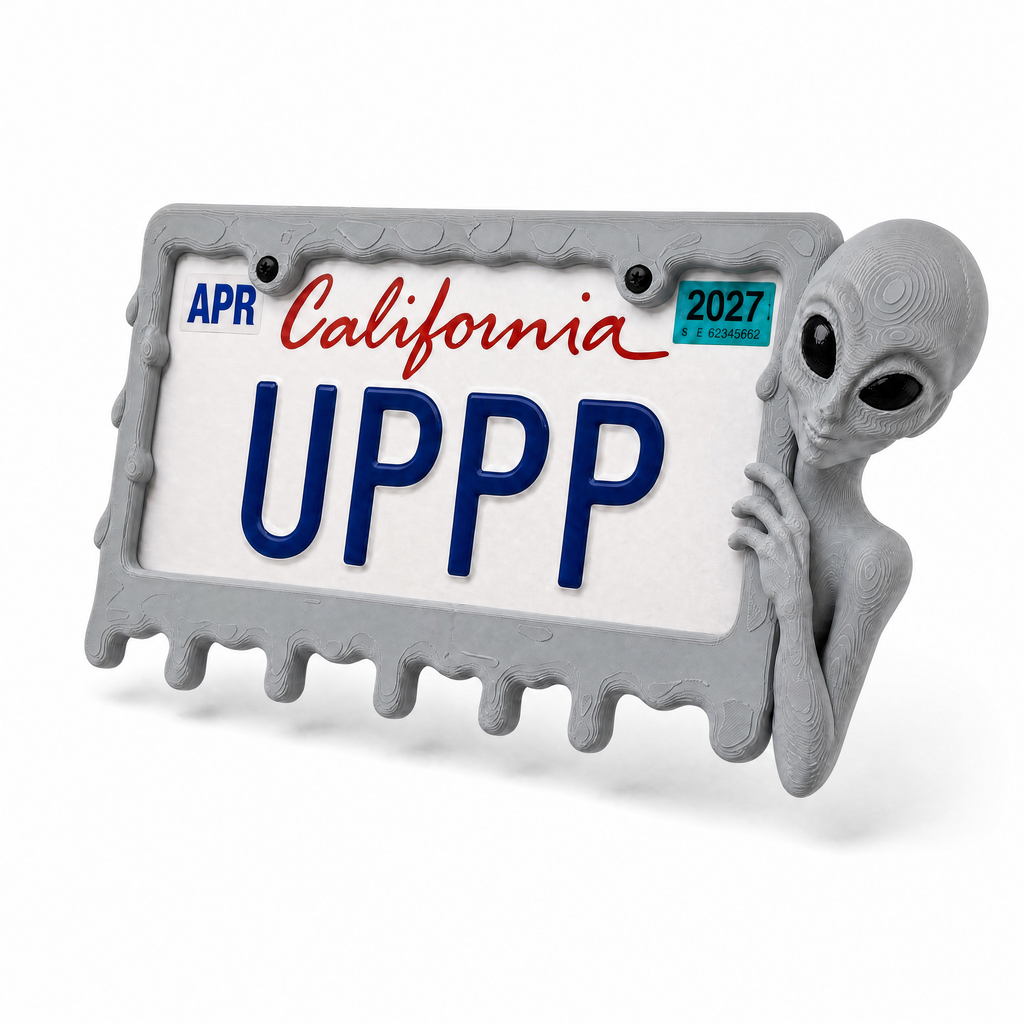 Graphite alien frame holding a California licence plate