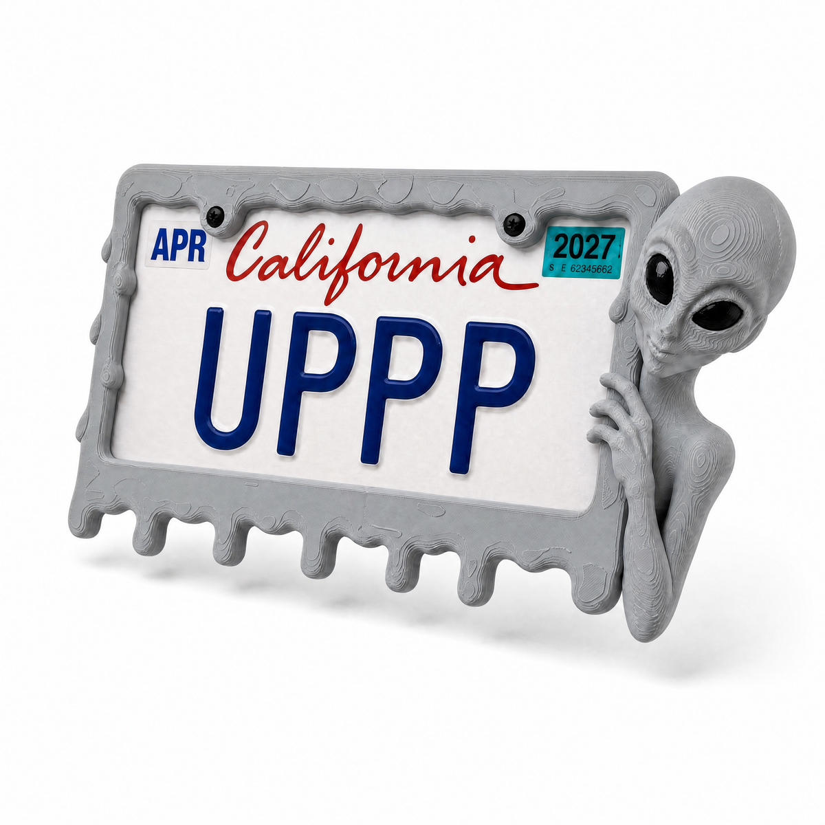 Graphite alien frame holding a California licence plate