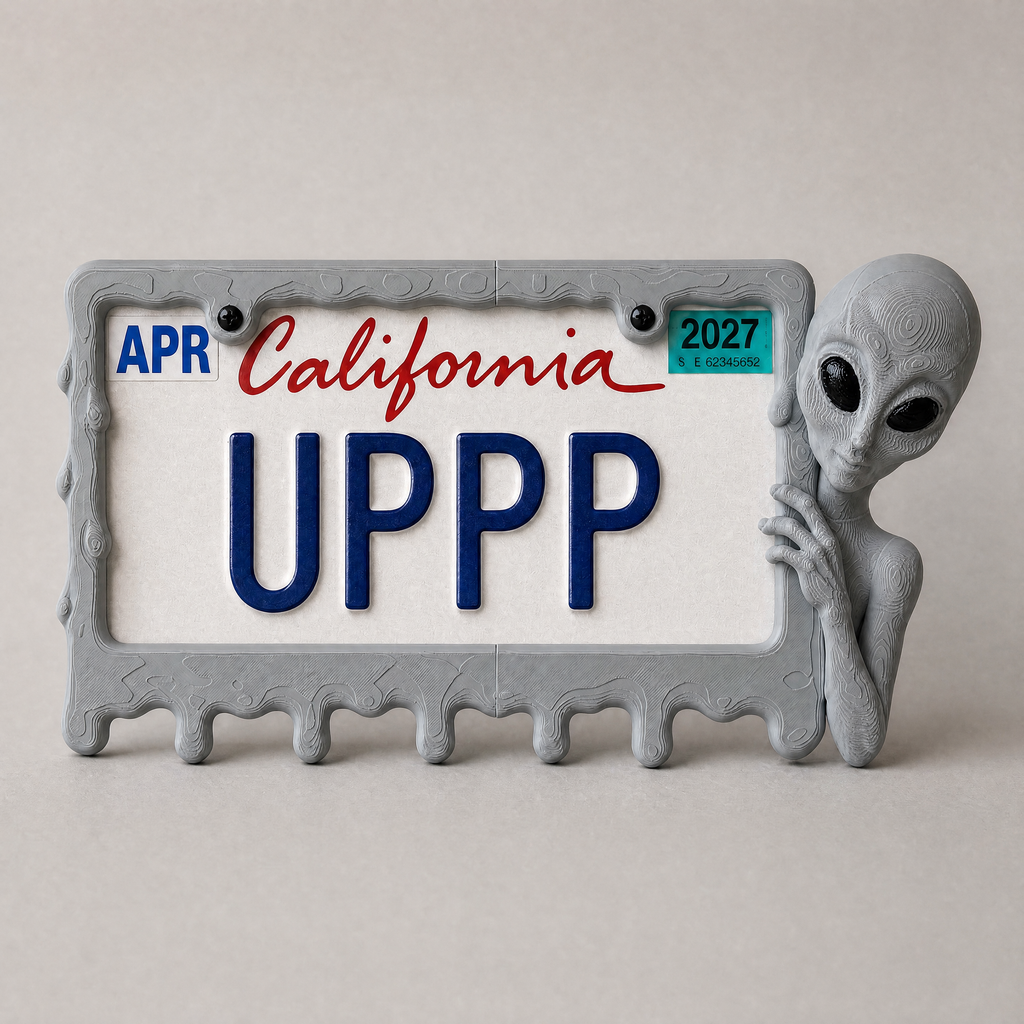 Graphite alien frame with a California plate on a grey backdrop
