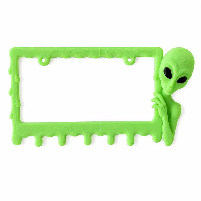 Alien Slime license plate frame in Slime Green on pure white studio background
