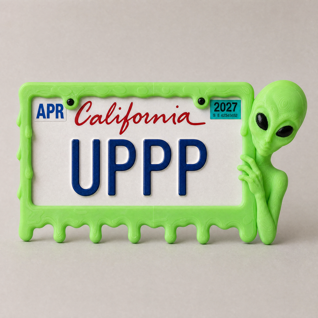 Slime Green alien frame with a California plate on a grey backdrop