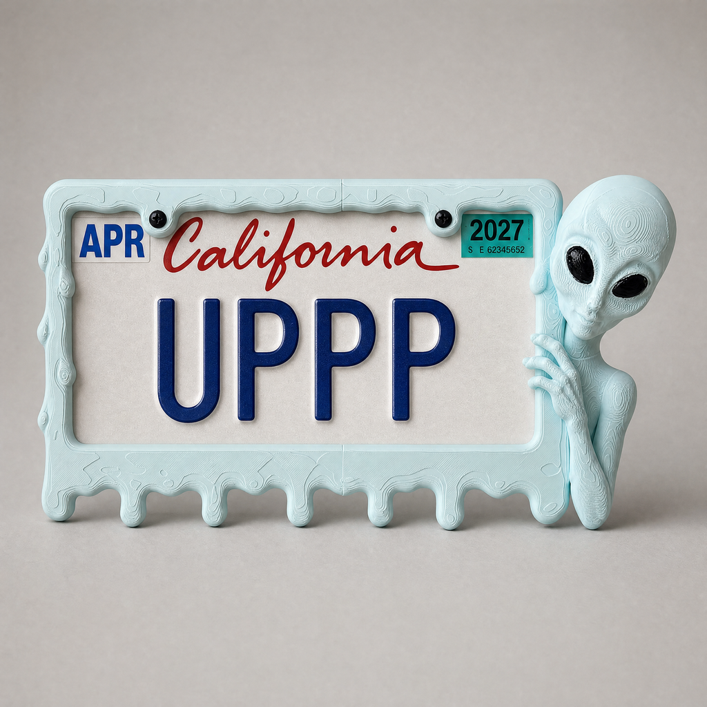 Ice Blue alien frame with a California plate on a grey backdrop