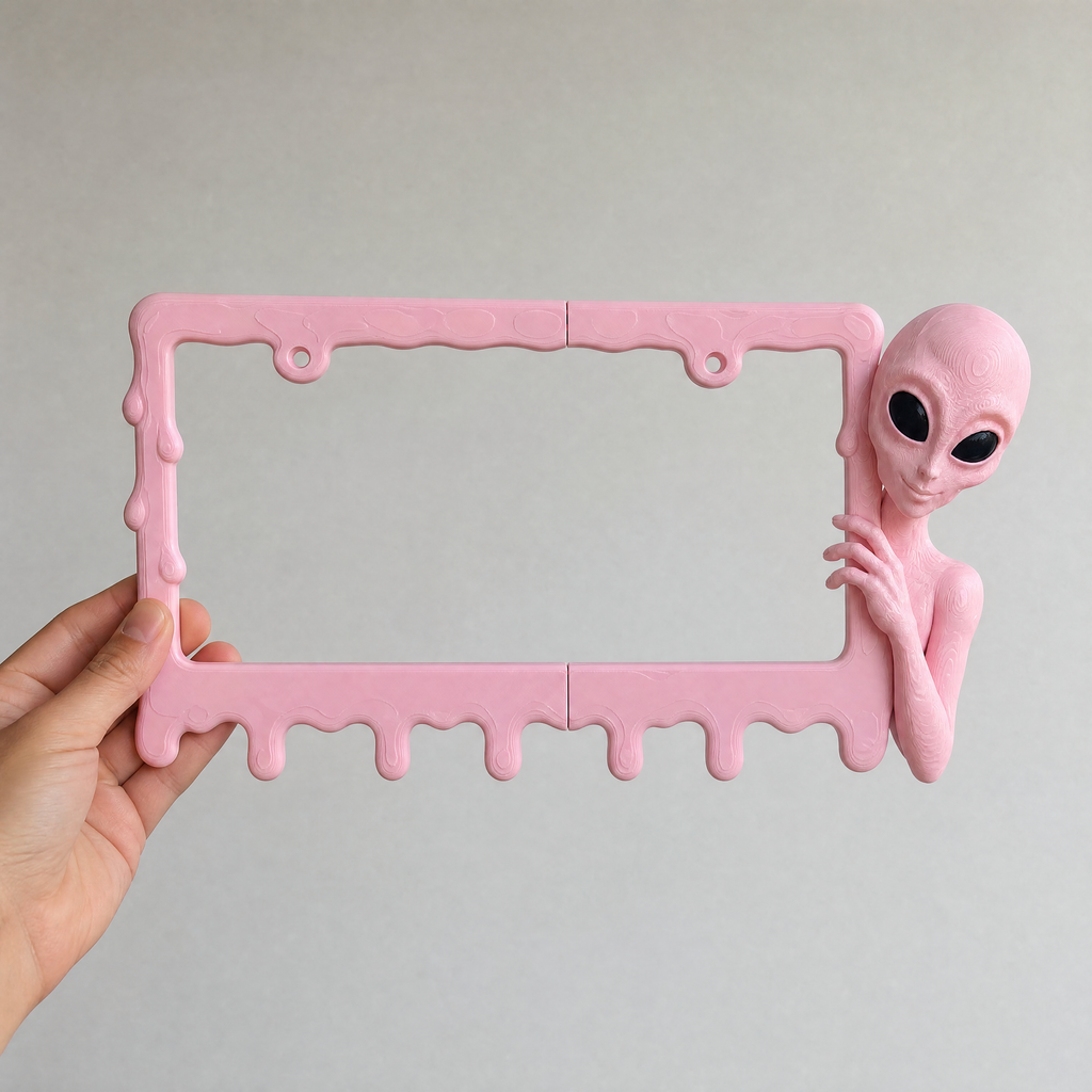 Bubblegum alien frame held in a hand to show its size