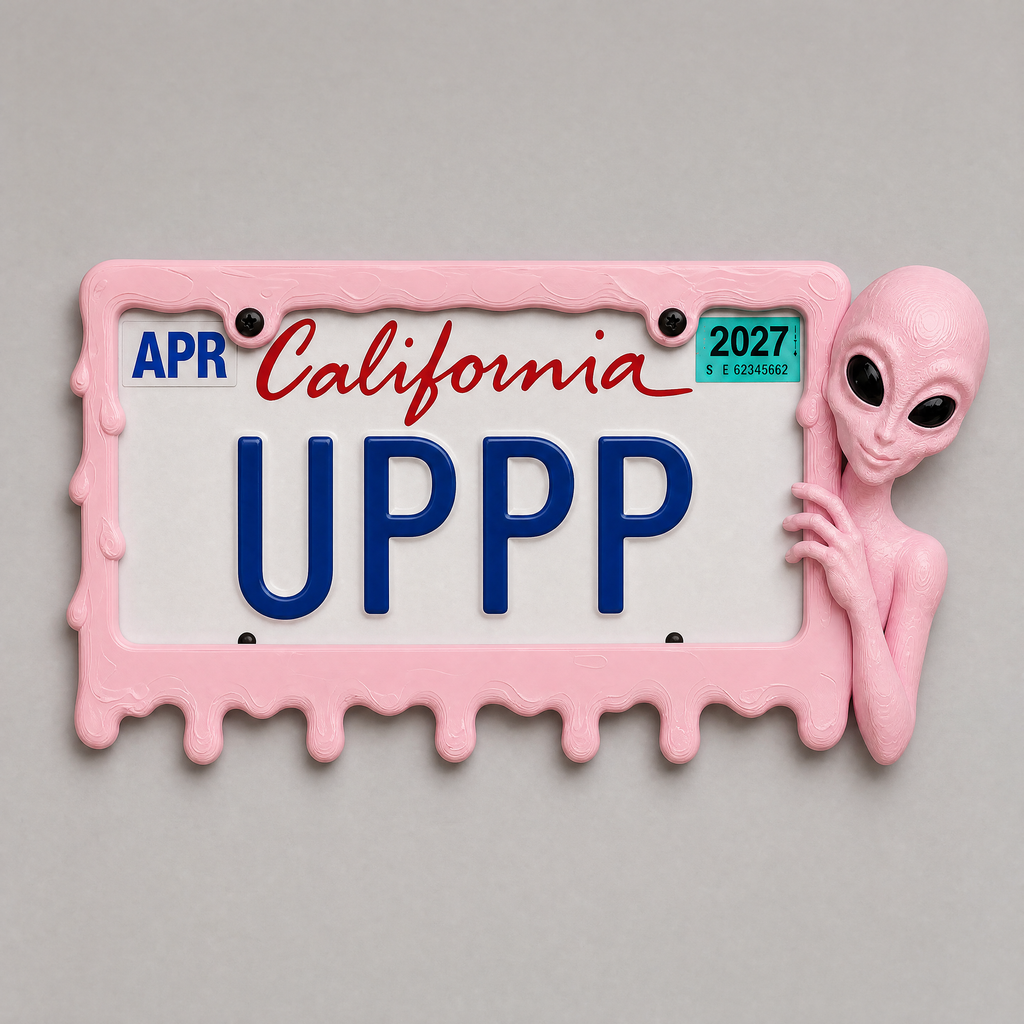 Bubblegum alien frame holding a California licence plate